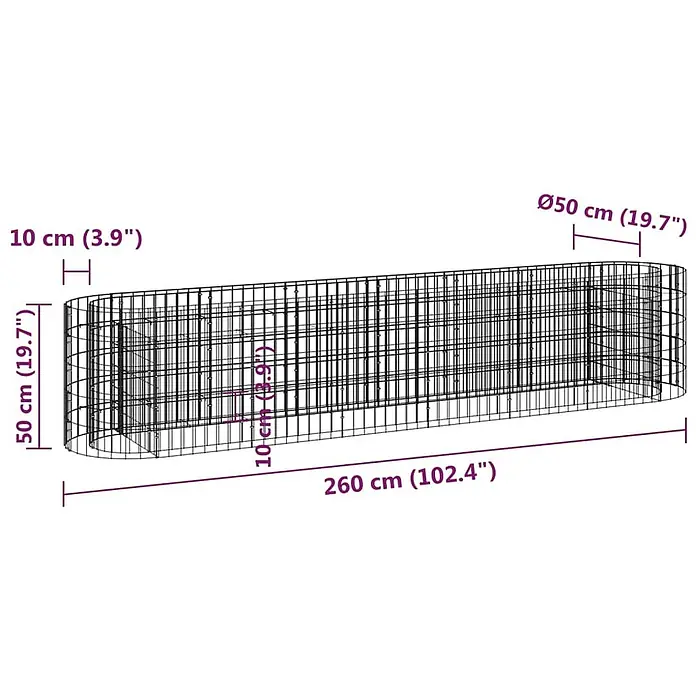 Furnicato Gabionen-Hochbeet verzinktes Eisen - 260 x 50 x 50 cm, Metall, Fassungsvermögen Erde: 650 g