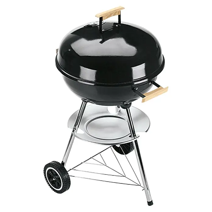 Grillstar Barbacoa redonda con tapa Montana - Diámetro de la superficie de la parrilla: 46 cm, Negro - Parrilla de carbón con mangos de madera, una base inferior de color plateado y ruedas para facilitar el transporte al aire libre.