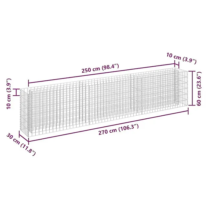 Furnicato Gabionen-Hochbeet verzinkter Stahl - 270 x 30 x 60 cm, Stahl, Fassungsvermögen Erde: 150 g