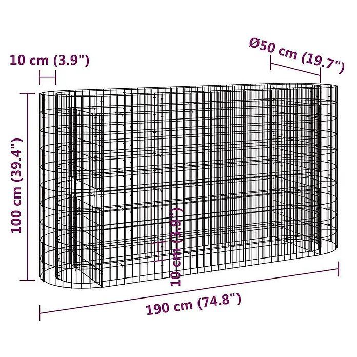 Furnicato Gabionen-Hochbeet verzinktes Eisen - 190 x 50 x 100 cm, Metall, Fassungsvermögen Erde: 950 g