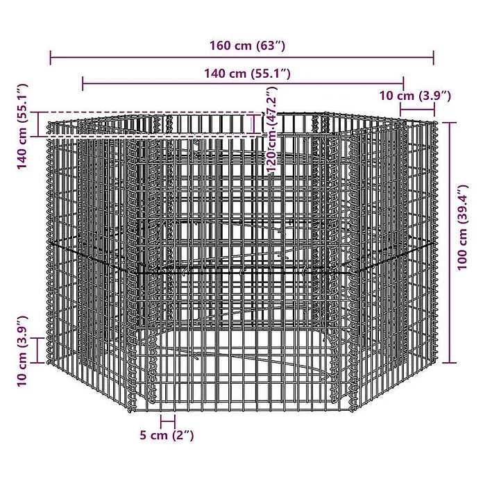 Furnicato Gabionen-Hochbeet verzinkter Stahl - 160 x 140 x 100 cm, Stahl, Fassungsvermögen Erde: 1.680 g
