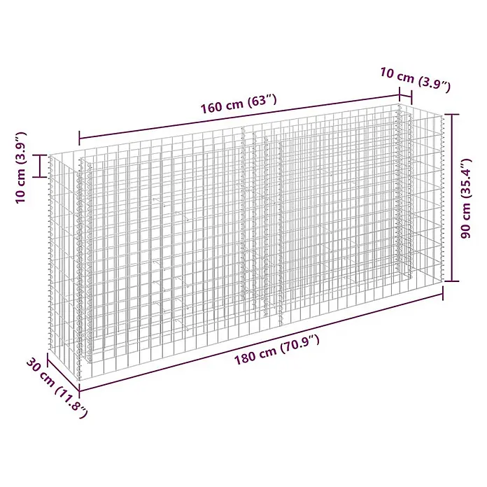 Furnicato Gabionen-Hochbeet Verzinkter Stahl - 180 x 30 x 90 cm, Stahl, Fassungsvermögen Erde: 144 g