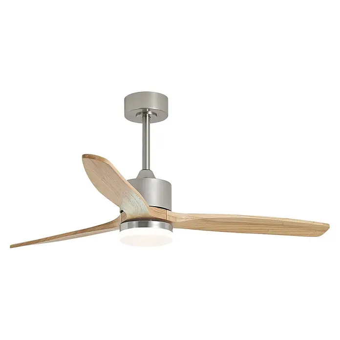 Alemar Ventilador de techo Madeira - Plata/Madera, 132 cm, 7 W - 40 W - Ventilador de techo moderno con luz, con tres aspas de madera clara y carcasa y barra de metal cepillado.
