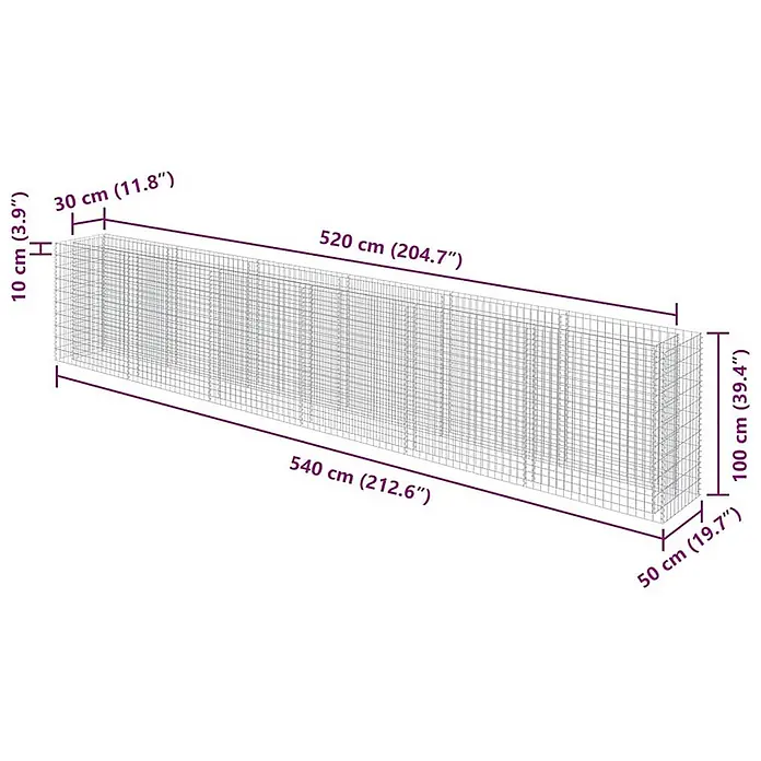 Furnicato Gabionen-Hochbeet verzinkter Stahl - 540 x 50 x 100 cm, Stahl, Fassungsvermögen Erde: 1.560 g