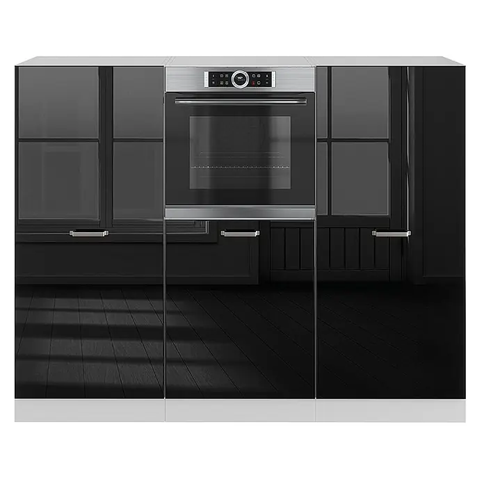 Vicco Küchenleerblock R-Line Schwarz Hochglanz/Weiß ohne Arbeitsplatte - Schwarz Hochglanz - Moderne Küchenzeile mit Einbaubackofen, glänzenden dunklen Schranktüren und Details aus gebürstetem Metall.
