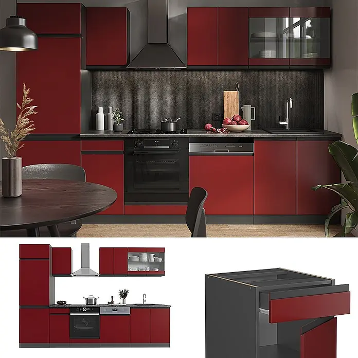 Vicco Küchenzeile R-Line, Rot/Anthrazit, 300 cm -  - Moderne Küche mit mattroten Schränken, schwarzen Arbeitsplatten und integrierten Geräten.