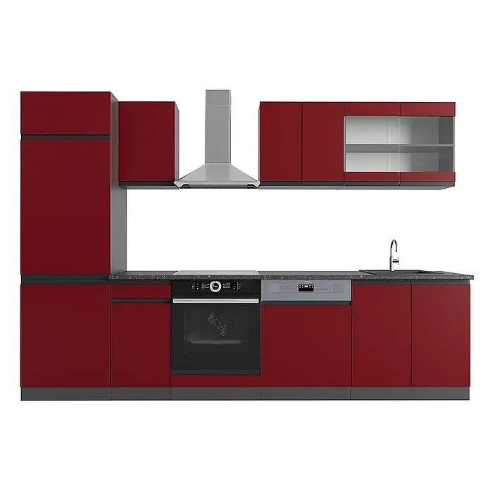 Vicco Küchenzeile R-Line, Rot/Anthrazit, 300 cm -  - Moderne rote Küchenzeile mit integrierten Edelstahlgeräten, schwarzer Arbeitsplatte und Spüle.