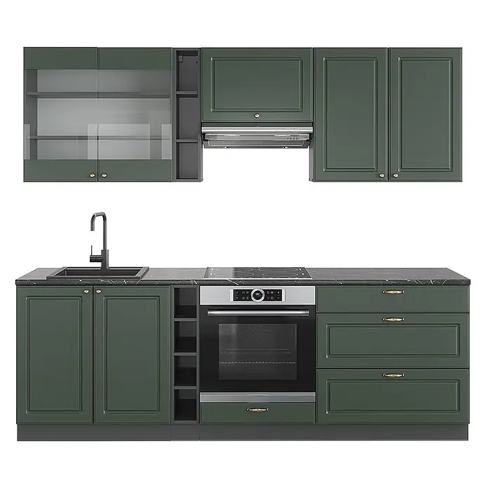 Vicco Küchenzeile Fame-Line, Grün-Gold Landhaus/Anthrazit, 235 cm -  - Eine komplette dunkelgrüne Küchenzeile mit schwarzer Arbeitsplatte, integrierter Spüle, Kochfeld, Backofen und Dunstabzugshaube. Mit Glasschränken.