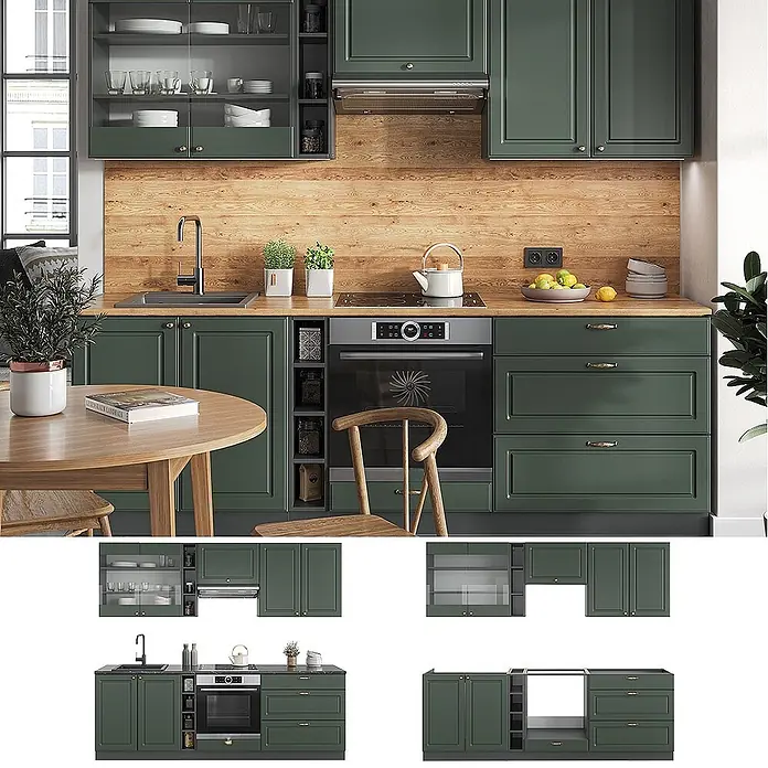 Vicco Küchenzeile Fame-Line, Grün-Gold Landhaus/Anthrazit, 235 cm -  - Moderne Küche mit dunkelgrünen Schränken, Holztheke und Spritzschutz. Mit integrierten Geräten.