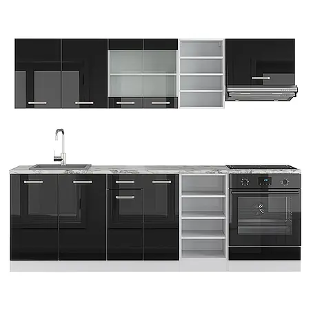 Vicco  Küchenzeile R-Line Schwarz Hochglanz/Weiß, AP Marmor