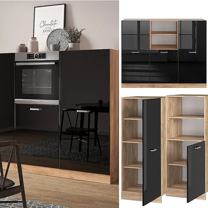 Vicco Küchenleerblock R-Line Schwarz Hochglanz/Goldkraft Eiche ohne Arbeitsplatte - Schwarz Hochglanz - Modulares Küchenschranksystem mit hochglänzenden schwarzen Fronten und heller Holzoptik, mit integriertem Ofen und verschiedenen Stauraumkonfigurationen.