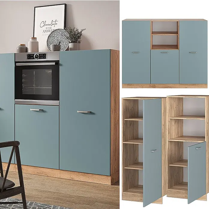 Vicco Küchenleerblock R-Line Blau-Grau/Goldkraft Eiche ohne Arbeitsplatte - Blau-Grau