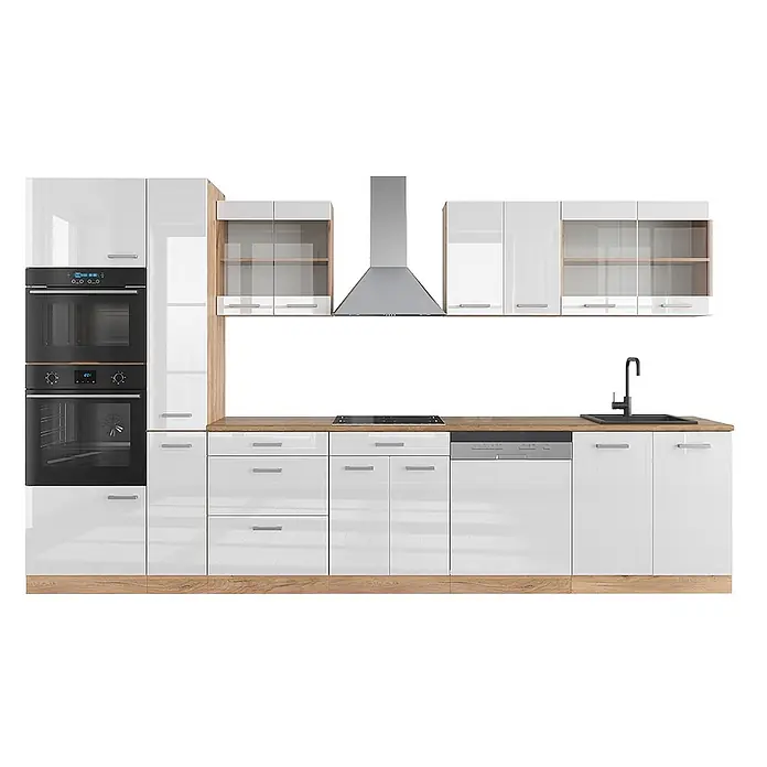 Vicco Küchenzeile R-Line Weiß Hochglanz mit Hochschrank, ohne Arbeitsplatte - Breite: 350 cm, Weiß Hochglanz, Ohne Elektrogeräte - Moderne Küchenzeile mit glänzend weißen Schränken, Holzoptik-Arbeitsplatte, integrierten Geräten und Dunstabzugshaube aus Edelstahl.