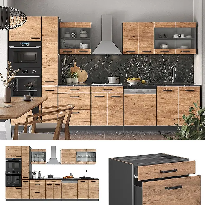 Vicco Küchenzeile R-Line, Goldkraft Eiche/Anthrazit, 350 cm -  - Moderne Küche mit Holzdekor-Schränken, schwarzen Arbeitsplatten und integrierten Geräten, die funktionellen Stauraum zeigt.