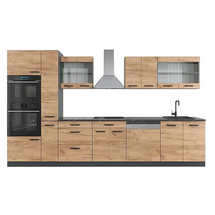 Vicco Küchenzeile R-Line, Goldkraft Eiche/Anthrazit, 350 cm -  - Moderne Küchenzeile mit hellen Holzoptikschränken, schwarzer Marmorarbeitsplatte und integrierten Geräten.