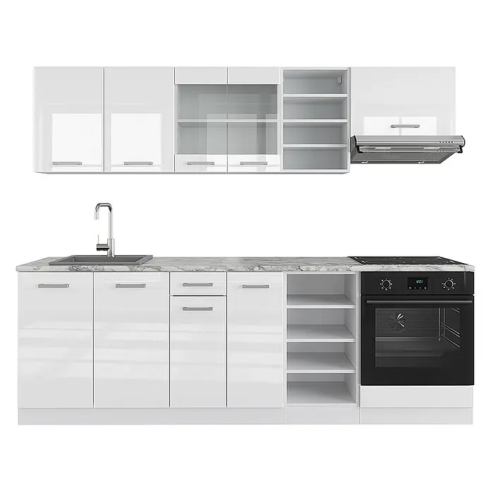 Vicco Küchenzeile R-Line Weiß Hochglanz/Weiß, AP Marmor - Breite: 240 cm, Weiß Hochglanz, Ohne Elektrogeräte - Moderne weiße Hochglanzküchenzeile mit Marmor-Arbeitsplatte, Spüle, Herd, Backofen und Dunstabzugshaube.