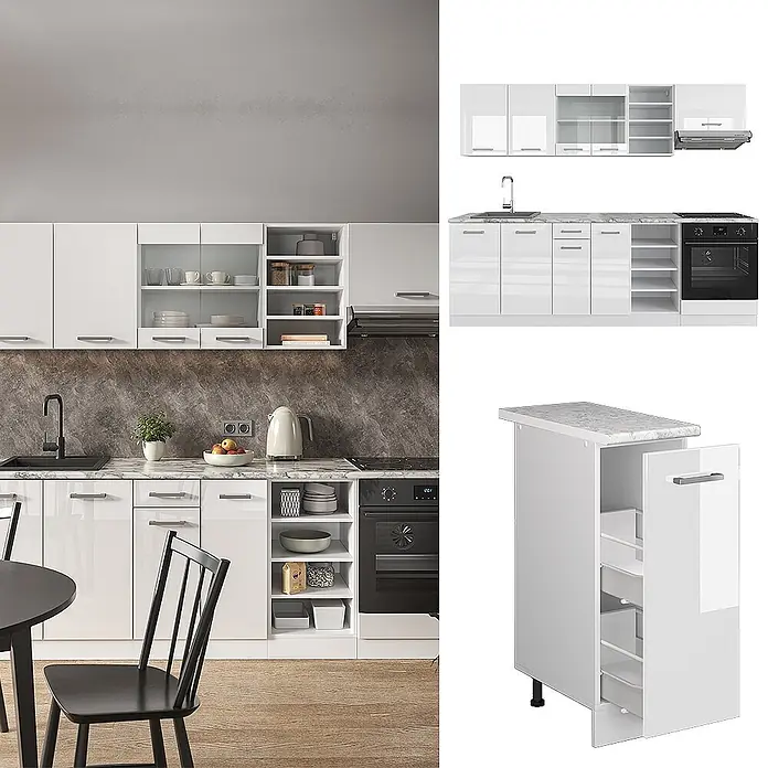 Vicco Küchenzeile R-Line Weiß Hochglanz/Weiß, AP Marmor - Breite: 240 cm, Weiß Hochglanz, Ohne Elektrogeräte - Moderne weiße Hochglanzküche mit dunkler Marmoroptik-Arbeitsplatte, integriertem Ofen und Spüle.