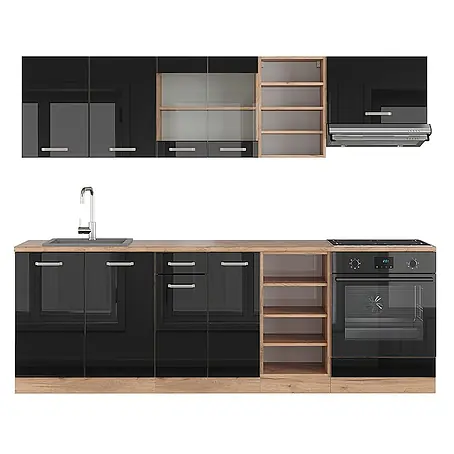 Vicco  Küchenzeile R-Line Schwarz Hochglanz/Goldkraft Eiche ohne Arbeitsplatte
