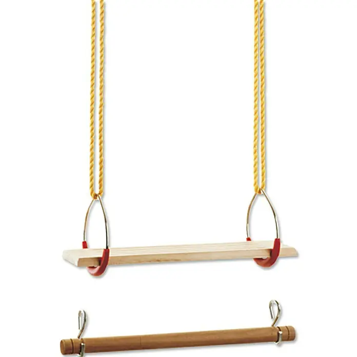 Conacord Turngeräte-Set - 1 x Brettschaukel (45 x 10 cm), 1 x Trapezstange 48 cm, 2 x Turnring, 2 x Seil, 1 x Aufhängeringe - Hölzerne Schaukel mit gelben Seilen und eine Turnstange aus Holz. Ideal für Spiel und Sport im Innenbereich.