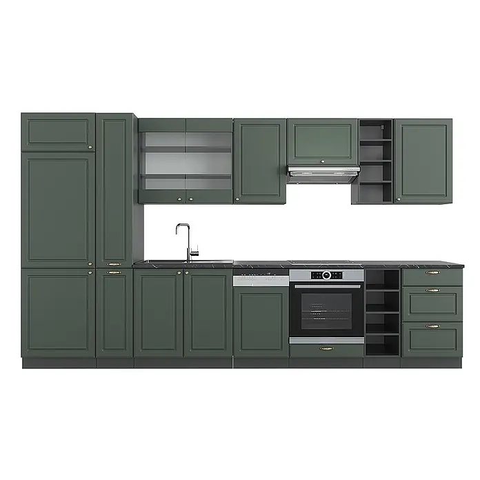 Vicco Küchenzeile Fame-Line, Grün-Gold Landhaus/Anthrazit, 355 cm -  - Dunkelgrüne Küchenzeile mit goldenen Griffen, integrierter Spüle, Backofen und Kochfeld, mit Oberschränken mit Glasfront.