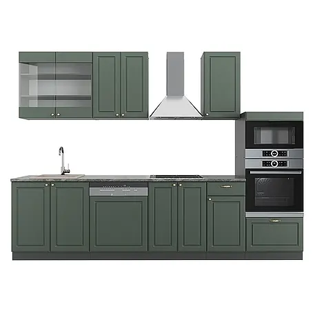 Vicco Küchenzeile Fame-Line, Grün-Gold Landhaus/Anthrazit, 300 cm