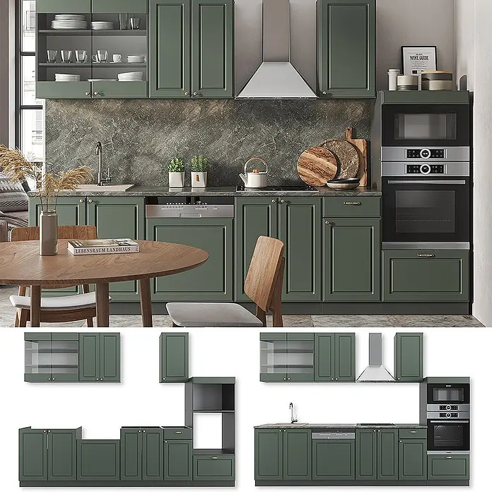 Vicco Küchenzeile Fame-Line, Grün-Gold Landhaus/Anthrazit, 300 cm -  - Modulares grünes Küchenschranksystem mit klassischen Paneeltüren, in einer kompletten Küche dargestellt.