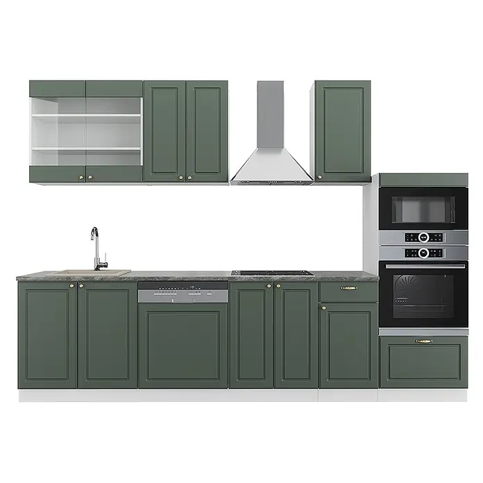 Vicco Küchenzeile Fame-Line, Grün-Gold Landhaus/Weiß, 300 cm -  - Dunkelgrüne Küche mit Goldgriffen, dunkler Arbeitsplatte, Spüle, Geschirrspüler, Kochfeld, Dunstabzugshaube, Backofen, Mikrowelle und Glasschrank.