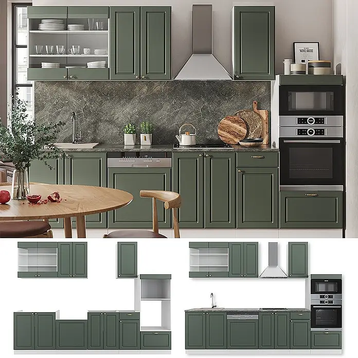 Vicco Küchenzeile Fame-Line, Grün-Gold Landhaus/Weiß, 300 cm -  - Eine komplette Küche mit mattgrünen Paneelschranken, Messinggriffen, integriertem Backofen, Mikrowelle und Geschirrspüler.