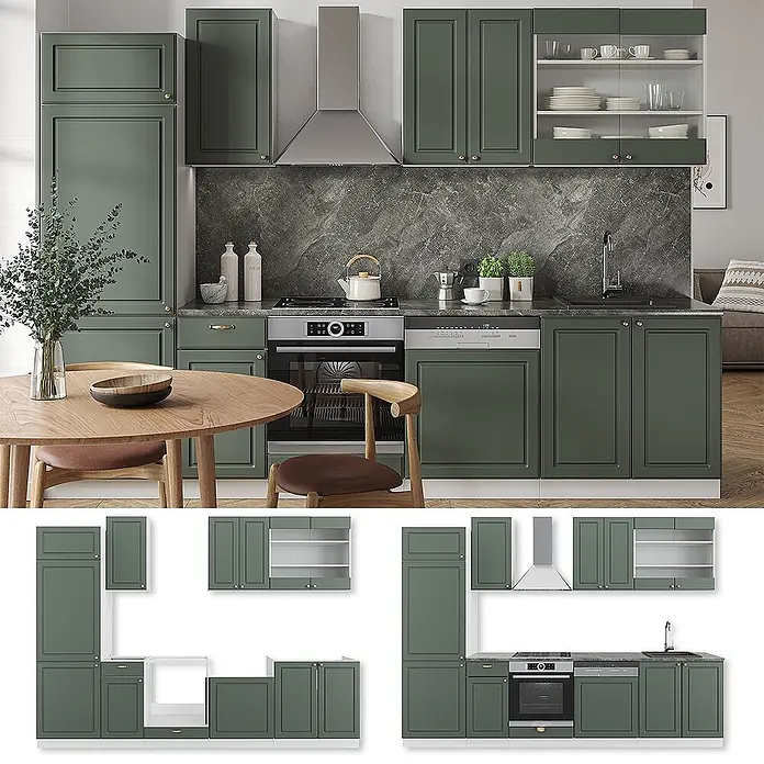 Vicco Küchenzeile Fame-Line, Grün-Gold Landhaus/Weiß, 300 cm -  - Moderne grüne Küchenzeile mit integrierten Geräten, modularen Schränken und anpassbaren Layout-Optionen.