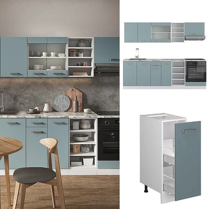 Vicco Küchenzeile R-Line Blau-Grau, AP Marmor - Blau-Grau, Ohne Elektrogeräte
