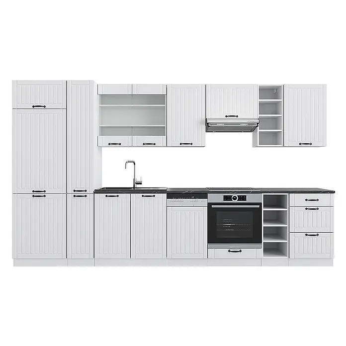 Vicco Küchenzeile Fame-Line Weiß Landhaus/Weiß mit Hochschrank, ohne Arbeitsplatte - Weiß Landhaus, Ohne Elektrogeräte