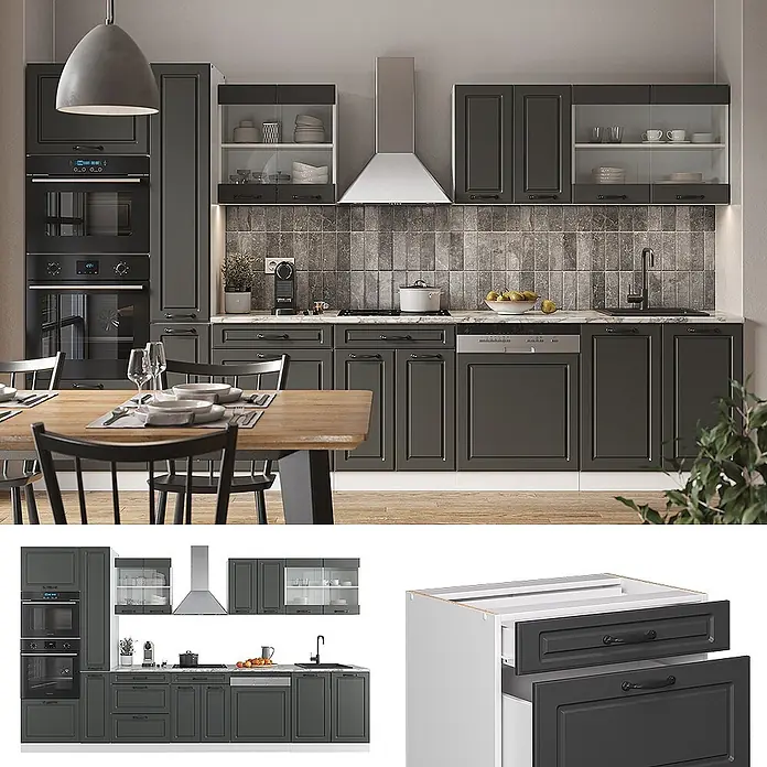 Vicco Küchenzeile R-Line Anthrazit Landhaus/Weiß mit Hochschrank, AP Anthrazit - Anthrazit Landhaus, Ohne Elektrogeräte