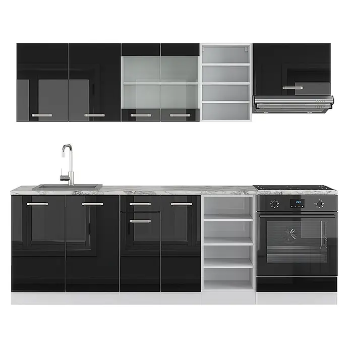 Vicco Küchenzeile R-Line, Schwarz Hochglanz/Weiß, 240 cm -  - Moderne schwarze Hochglanz-Küchenzeile mit weißer Marmor-Arbeitsplatte, Spüle, Wasserhahn, Kochfeld, Backofen, Hängeschränken und offenen Regalen.