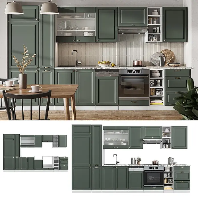 Vicco Küchenzeile Fame-Line, Grün-Gold Landhaus/Weiß, 355 cm -  - Grüne modulare Küchenschrankgarnitur mit Unter- und Oberschränken, integrierten Geräten und Spüle, in moderner Küche gezeigt.