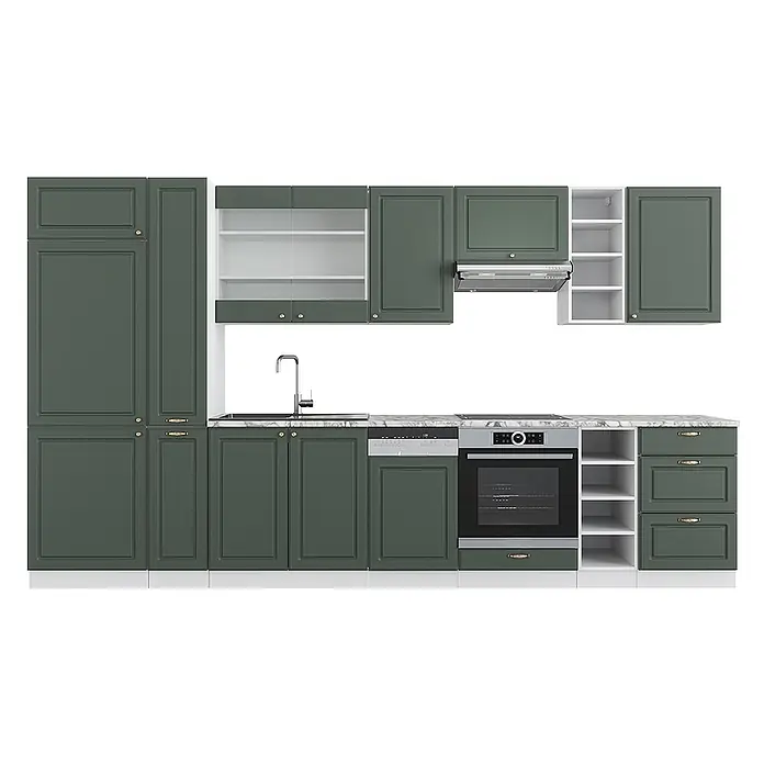 Vicco Küchenzeile Fame-Line, Grün-Gold Landhaus/Weiß, 355 cm -  - Ein modulare Küchenset mit dunkelgrünen Schränken, Arbeitsplatte in Marmoroptik, Spüle, Ofen und integrierten Geräten.