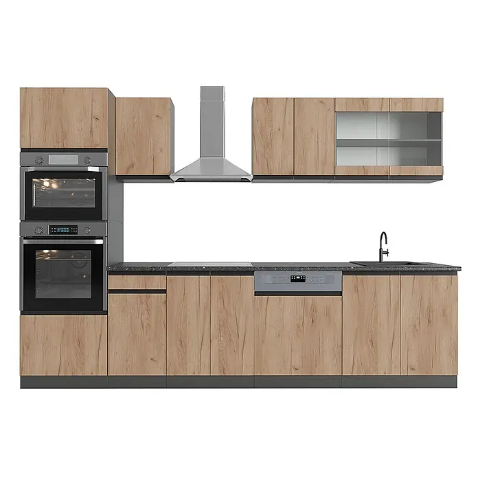 Vicco Küchenzeile R-Line Goldkraft Eiche J-Shape, mit Hochschrank, ohne Arbeitsplatte - Goldkraft Eiche, Ohne Elektrogeräte