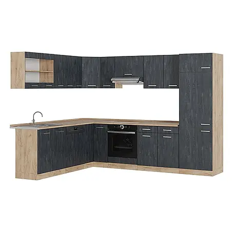 Vicco  Eckküche R-Line Schwarz Beton/Goldkraft Eiche ohne Arbeitsplatte
