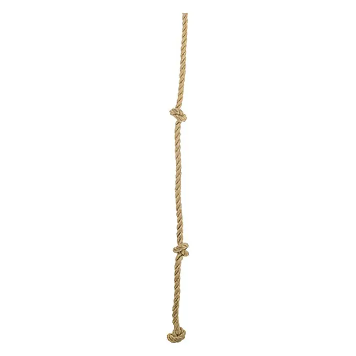 Conacord Kletterseil - Länge: 190 cm, Sisal - Nahaufnahme eines Kletterseils mit Knoten. Es besteht aus einem beigefarbenen, gedrehten Seil und hat drei Knoten.