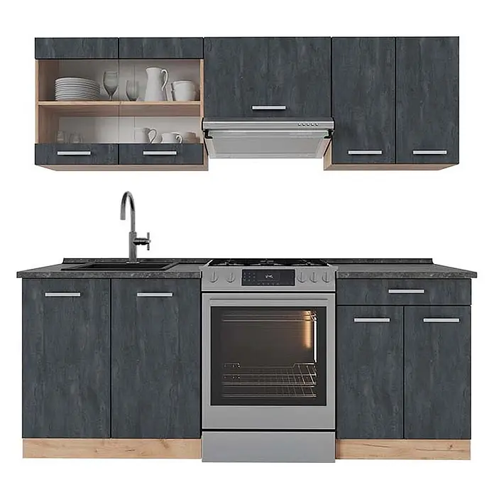 Vicco Küchenzeile R-Line, Schwarz Beton/Goldkraft Eiche, 200 cm -  - Modulare dunkelgraue Küche mit Holzoptik-Details, integriertem Edelstahl-Backofen, Kochfeld, Dunstabzugshaube und Spüle mit Armatur.