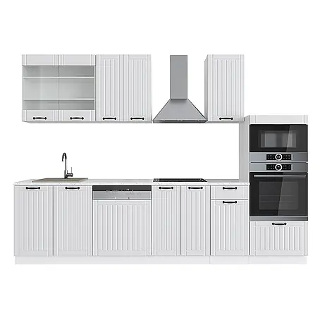 Vicco  Küchenzeile Fame-Line Weiß Landhaus/Weiß mit Hochschrank, AP Marmor