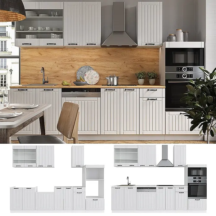 Vicco Küchenzeile Fame-Line Weiß Landhaus/Weiß mit Hochschrank, AP Marmor - Weiß Landhaus, Ohne Elektrogeräte