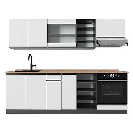 Vicco  Küchenzeile R-Line Weiß/Anthrazit J-Shape, AP Eiche