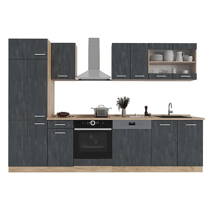 Vicco Küchenzeile R-Line, Schwarz Beton/Goldkraft Eiche, 300 cm -  - Moderne Küchenzeile mit anthrazitfarbenen Schränken, Holzoptik-Details, integriertem Backofen, Kochfeld, Spüle, Spülmaschine.