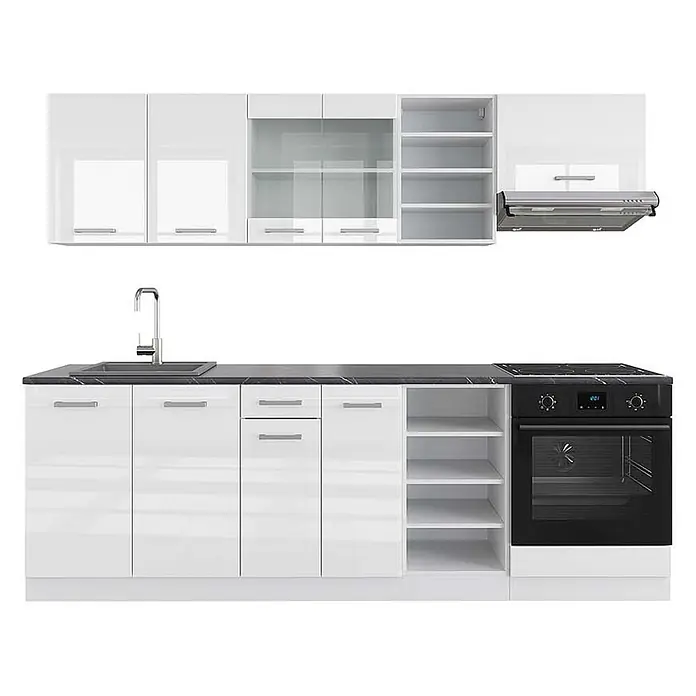 Vicco Küchenzeile R-Line, Weiß Hochglanz/Weiß, 240 cm -  - Weiße Hochglanz-Küchenzeile mit schwarzer Marmoroptik-Arbeitsplatte, Spüle, Kochfeld und Backofen. Mit Ober- und Unterschränken, teilweise mit Glastüren.