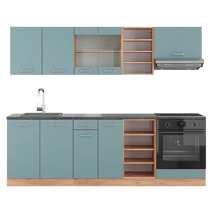 Vicco Küchenzeile R-Line Blau-Grau/Goldkraft Eiche, AP Anthrazit - Blau-Grau, Ohne Elektrogeräte