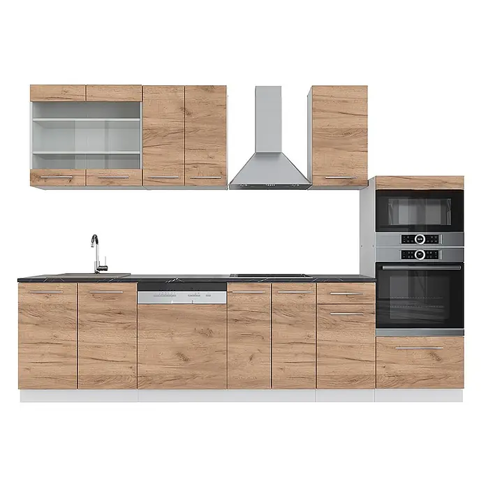 Küchenzeile Fame-Line 300 cm Goldkraft Eiche Art.-Nr. 42655 -  - Moderne Einbauküche mit hellen Holzschränken, dunkler Arbeitsplatte, Spüle, Kochfeld, Dunstabzugshaube, Backofen, Mikrowelle und Geschirrspüler.