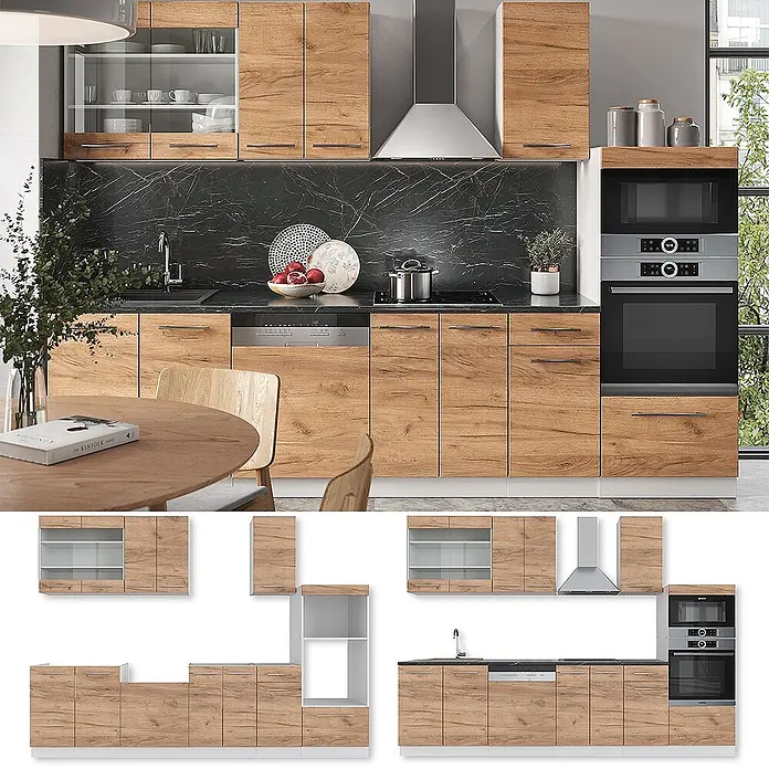 Küchenzeile Fame-Line 300 cm Goldkraft Eiche Art.-Nr. 42655 -  - Eine moderne Küche mit Holzoptik-Schränken, dunklen Arbeitsplatten und integrierten Geräten, als Komplettarrangement und modulare Komponenten dargestellt.