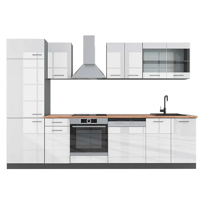 Küchenzeile R-Line 300 cm Weiß Hochglanz Art.-Nr. 43045 -  - Moderne weiße Hochglanzküche mit Holztheke, Edelstahlofen, Kochfeld, Geschirrspüler, Dunstabzugshaube und schwarzer Spüle.