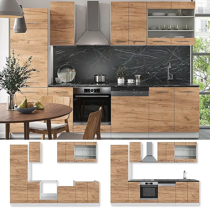 Küchenzeile Fame-Line 300 cm Goldkraft Eiche Art.-Nr. 42403 -  - Modernes Küchenset mit hellen Eicheneffekt-Schränken, schwarzer Marmoroptik-Arbeitsplatte, integriertem Ofen, Kochfeld, Spüle. Zeigt auch diverse Schrankkonfigurationen.
