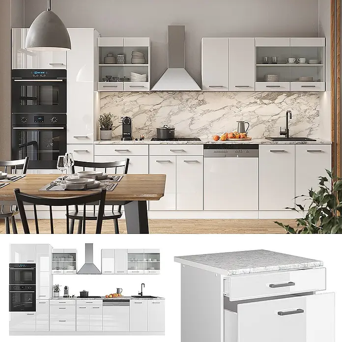 Vicco Küchenzeile R-Line Weiß Hochglanz/Weiß mit Hochschrank, AP Anthrazit - Weiß Hochglanz, Ohne Elektrogeräte